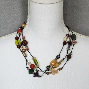 Chico's Colorful Beaded Necklace Quartz Wood Agate Triple Strand Leather Cord‎